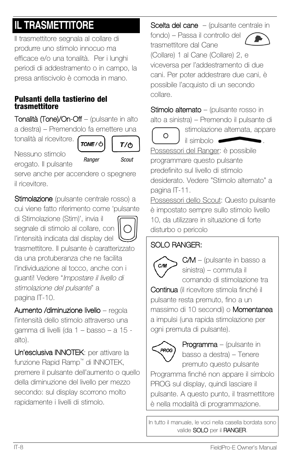 Il trasmettitore | Petsafe Innotek FieldPro Remote Trainer User Manual | Page 96 / 156