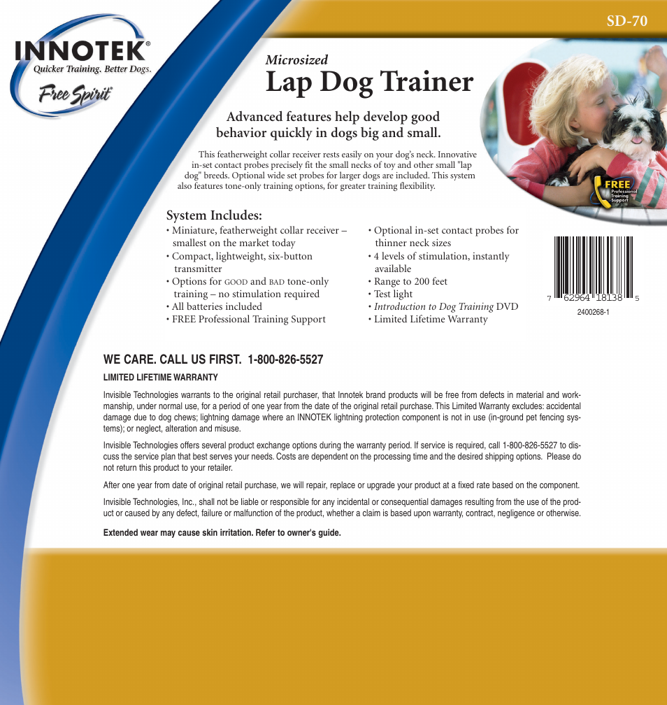 Lap dog trainer, Microsized, System includes | Petsafe Innotek Lap Dog Remote Trainer User Manual | Page 2 / 4