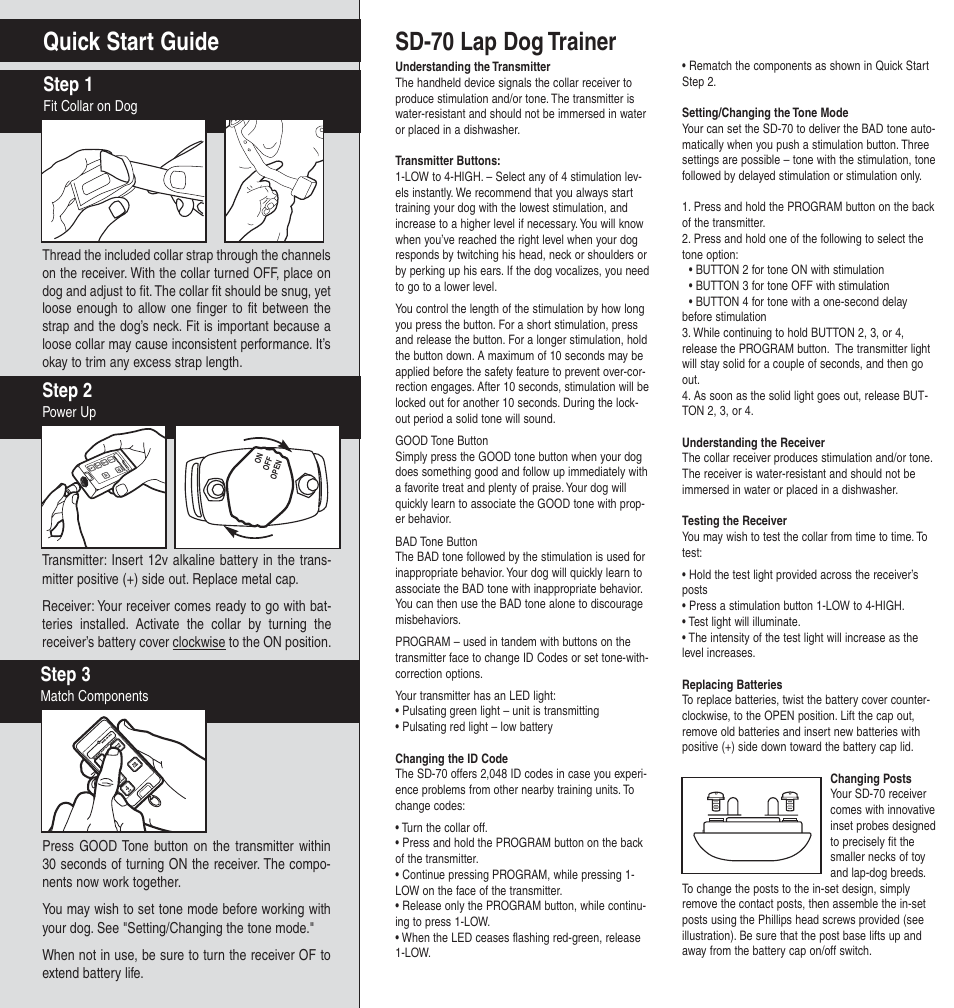 Sd-70 lap dog trainer quick start guide, Step 1, Step 2 | Step 3 | Petsafe Innotek Lap Dog Remote Trainer User Manual | Page 3 / 4