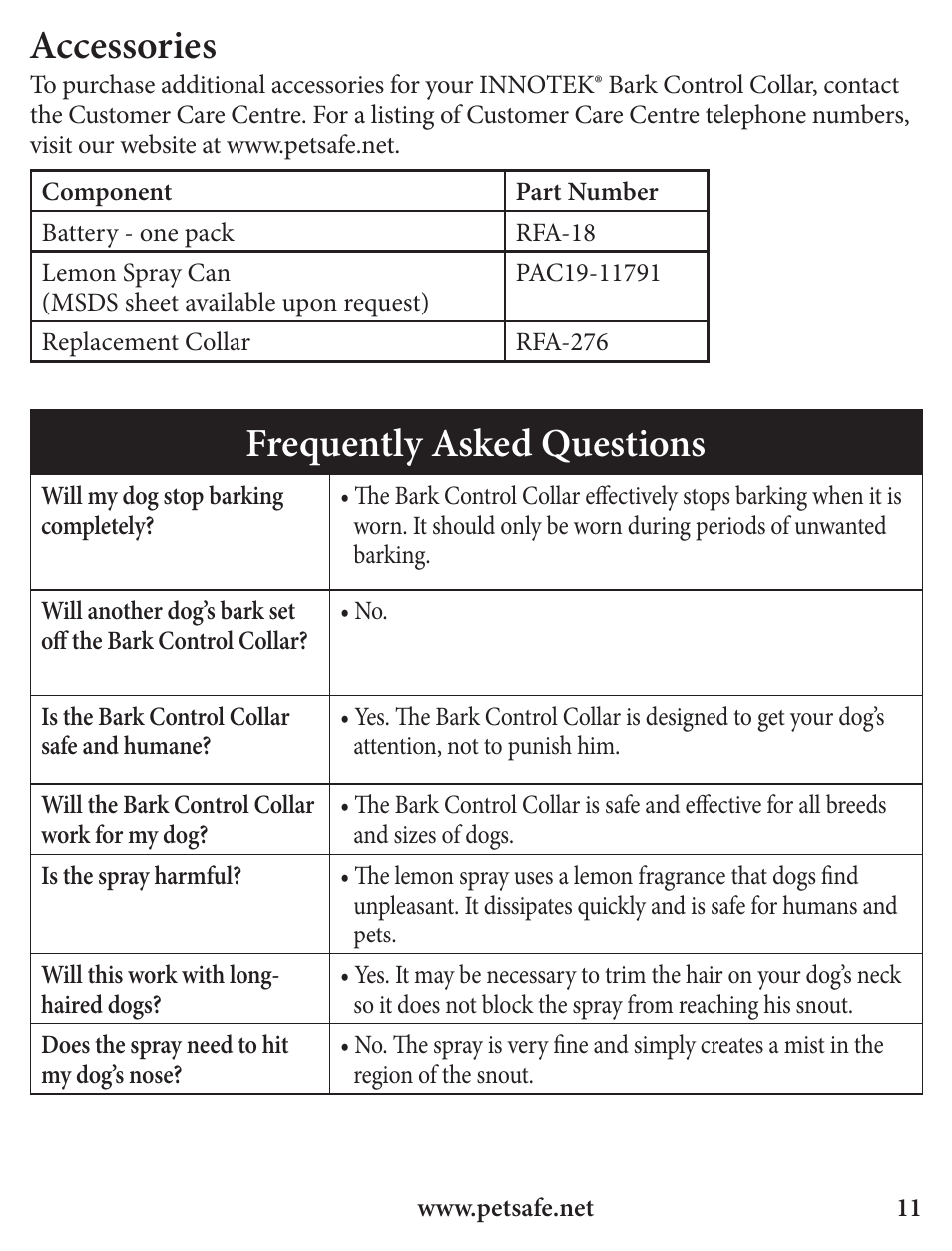 Accessories, Frequently asked questions | Petsafe Innotek Spray Bark Control Collar User Manual | Page 11 / 76