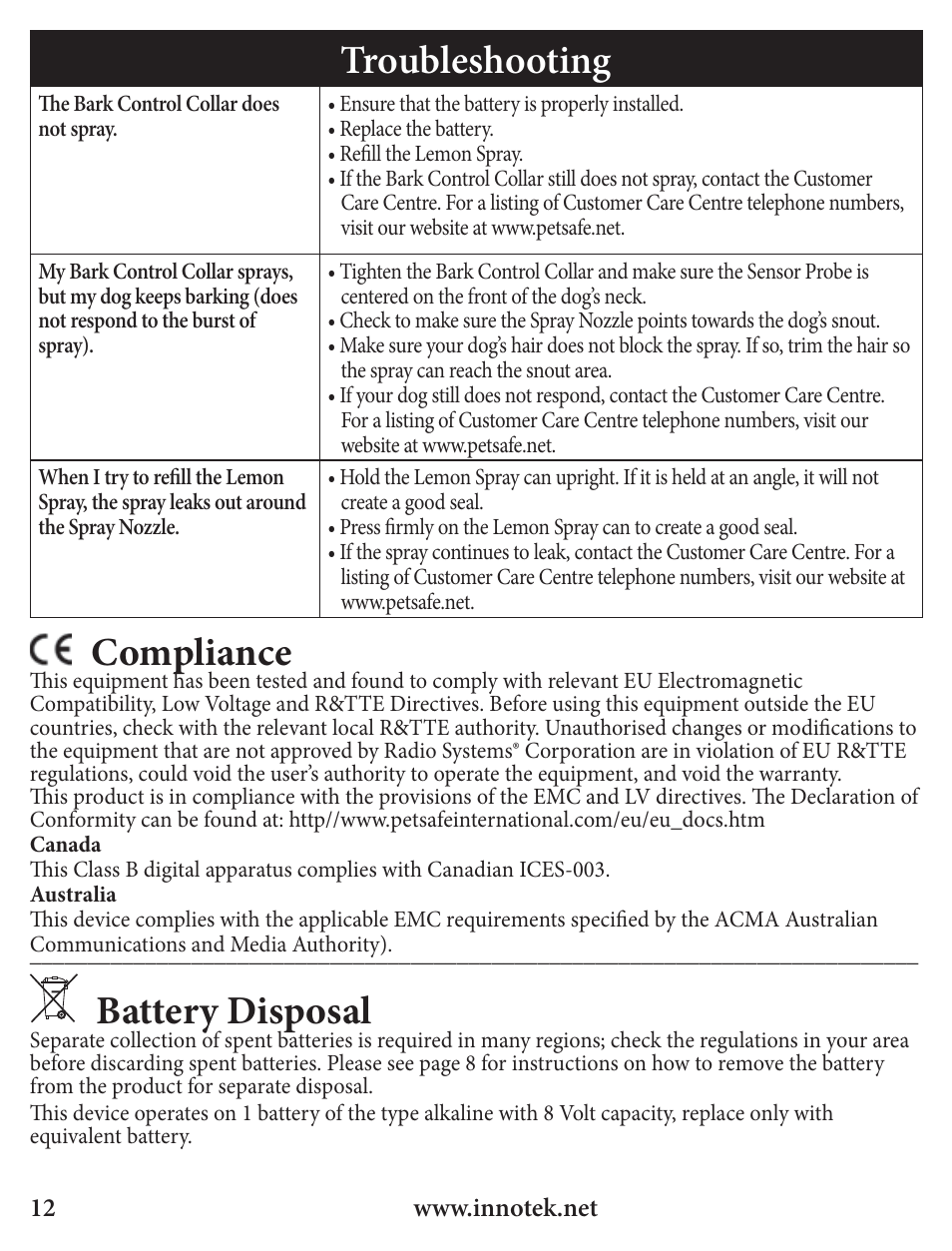 Troubleshooting, Compliance, Battery disposal | Petsafe Innotek Spray Bark Control Collar User Manual | Page 12 / 76