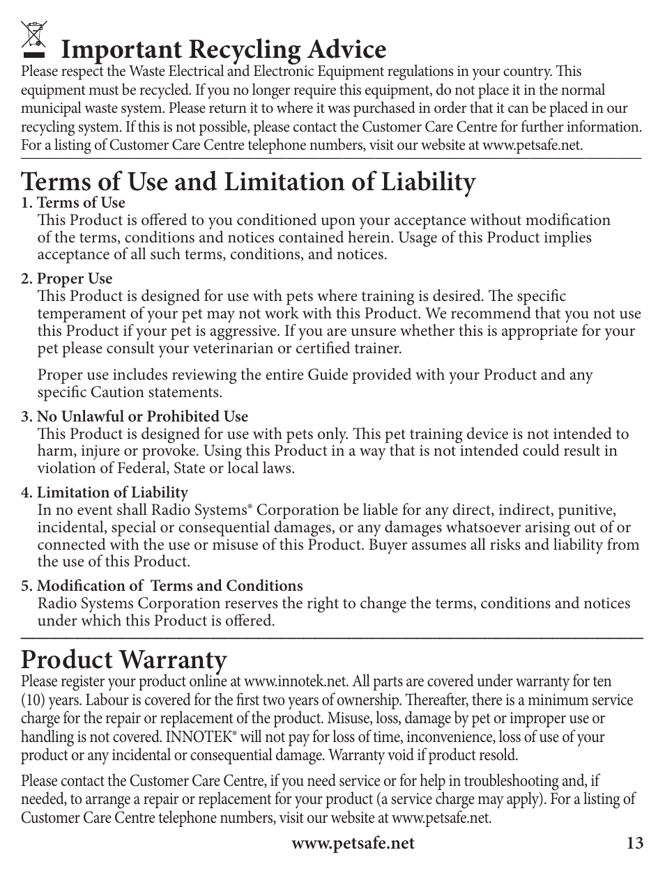 Important recycling advice, Terms of use and limitation of liability, Product warranty | Petsafe Innotek Spray Bark Control Collar User Manual | Page 13 / 76