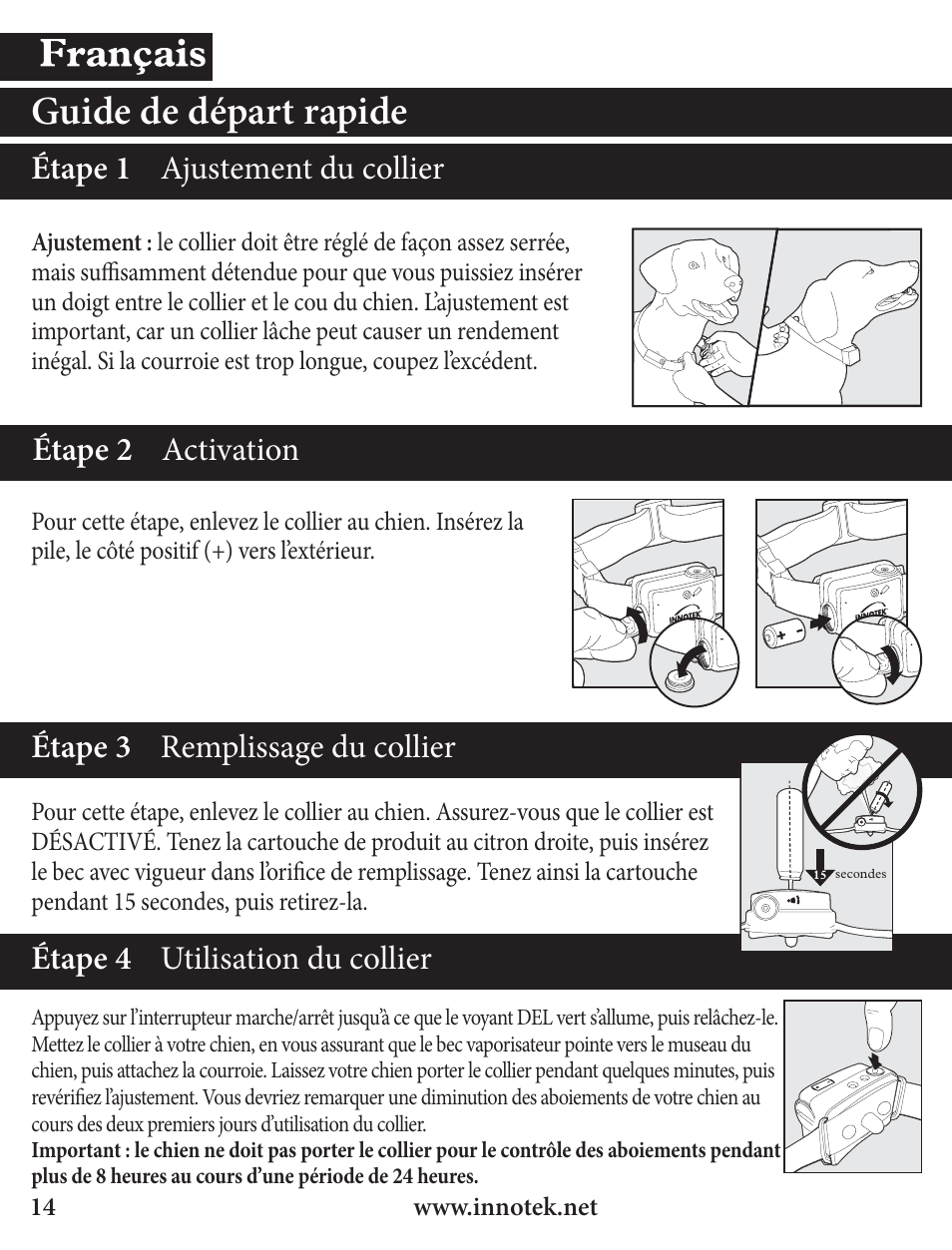 Guide de départ rapide, Étape 1 ajustement du collier étape 2 activation, Étape 3 remplissage du collier | Étape 4 utilisation du collier | Petsafe Innotek Spray Bark Control Collar User Manual | Page 14 / 76