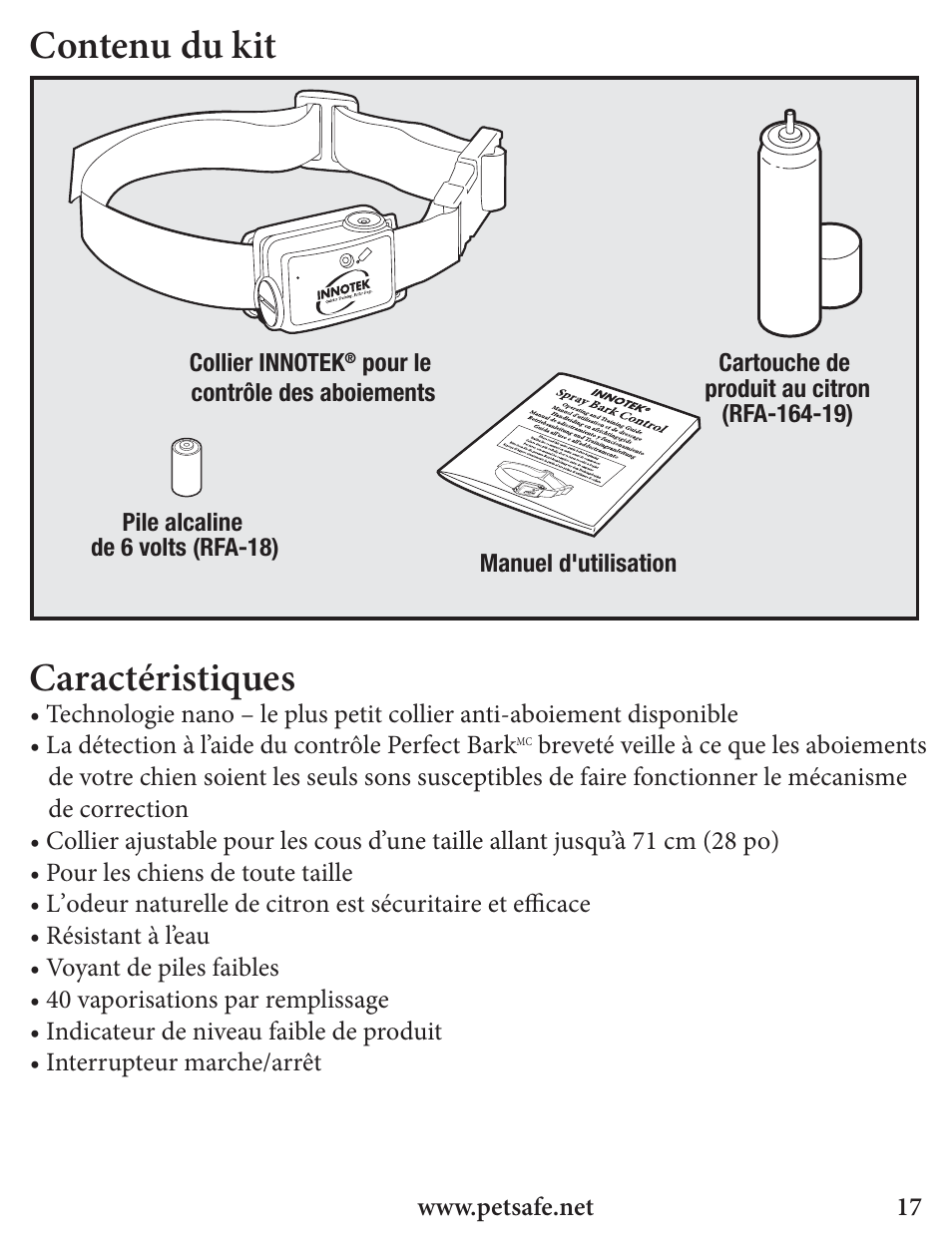 Contenu du kit, Caractéristiques | Petsafe Innotek Spray Bark Control Collar User Manual | Page 17 / 76