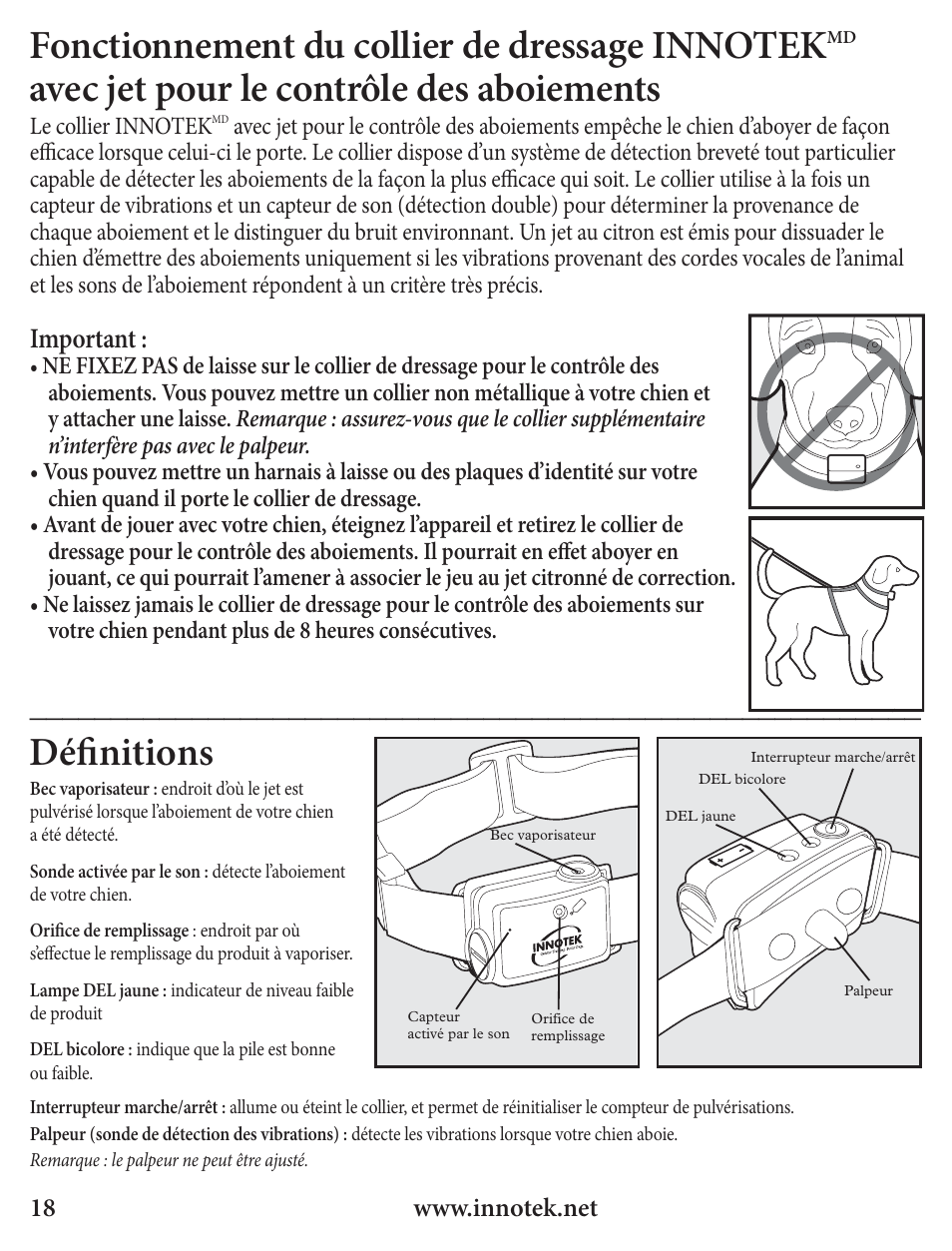 Avec jet pour le contrôle des aboiements, Défi nitions, Important | Petsafe Innotek Spray Bark Control Collar User Manual | Page 18 / 76