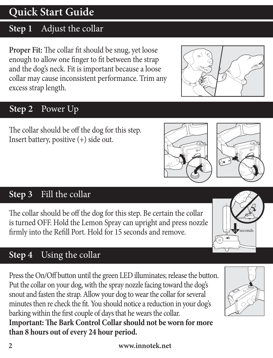 Quick start guide | Petsafe Innotek Spray Bark Control Collar User Manual | Page 2 / 76