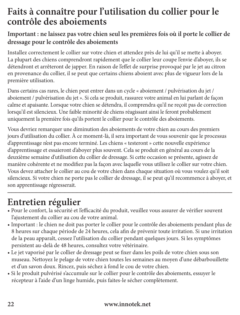 Entretien régulier | Petsafe Innotek Spray Bark Control Collar User Manual | Page 22 / 76