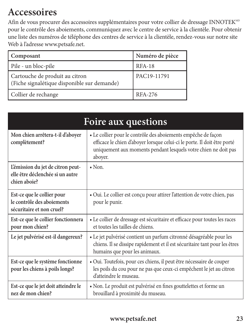 Accessoires, Foire aux questions | Petsafe Innotek Spray Bark Control Collar User Manual | Page 23 / 76