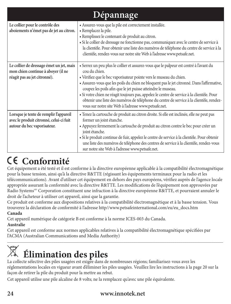 Dépannage, Conformité, Élimination des piles | Petsafe Innotek Spray Bark Control Collar User Manual | Page 24 / 76