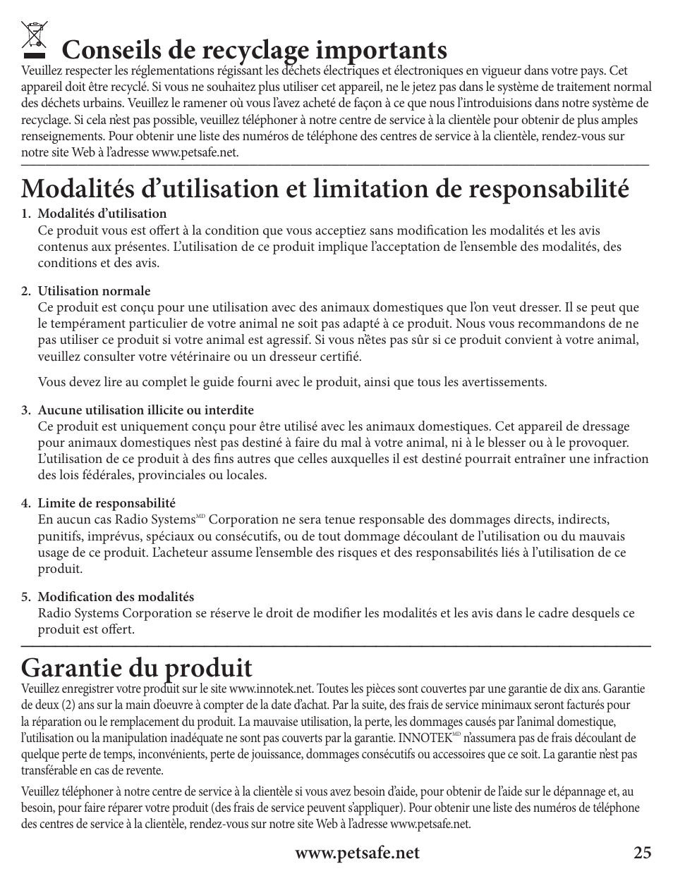 Conseils de recyclage importants, Garantie du produit | Petsafe Innotek Spray Bark Control Collar User Manual | Page 25 / 76