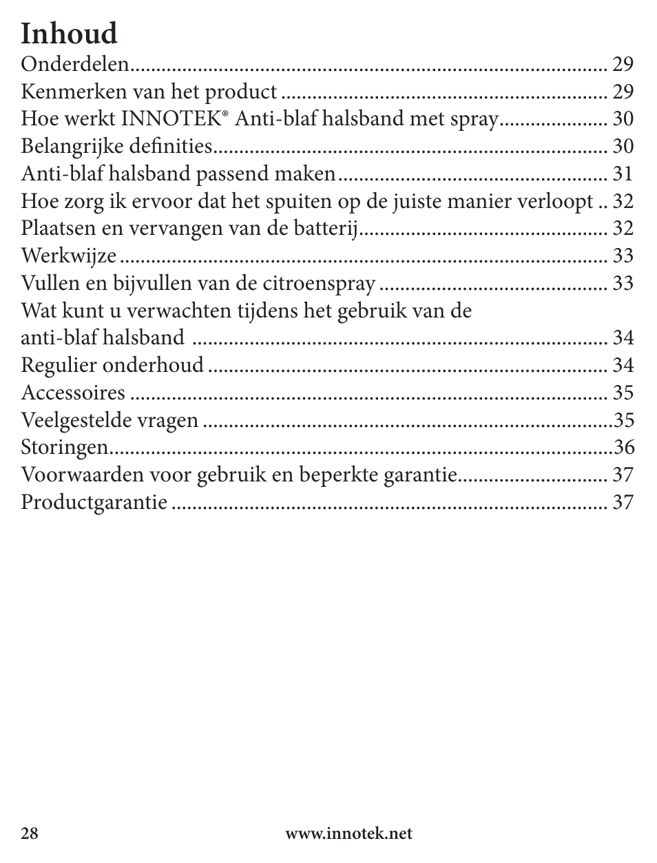 Inhoud | Petsafe Innotek Spray Bark Control Collar User Manual | Page 28 / 76