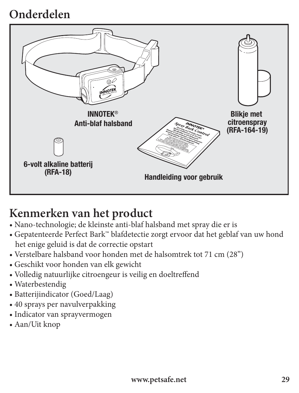 Onderdelen, Kenmerken van het product | Petsafe Innotek Spray Bark Control Collar User Manual | Page 29 / 76