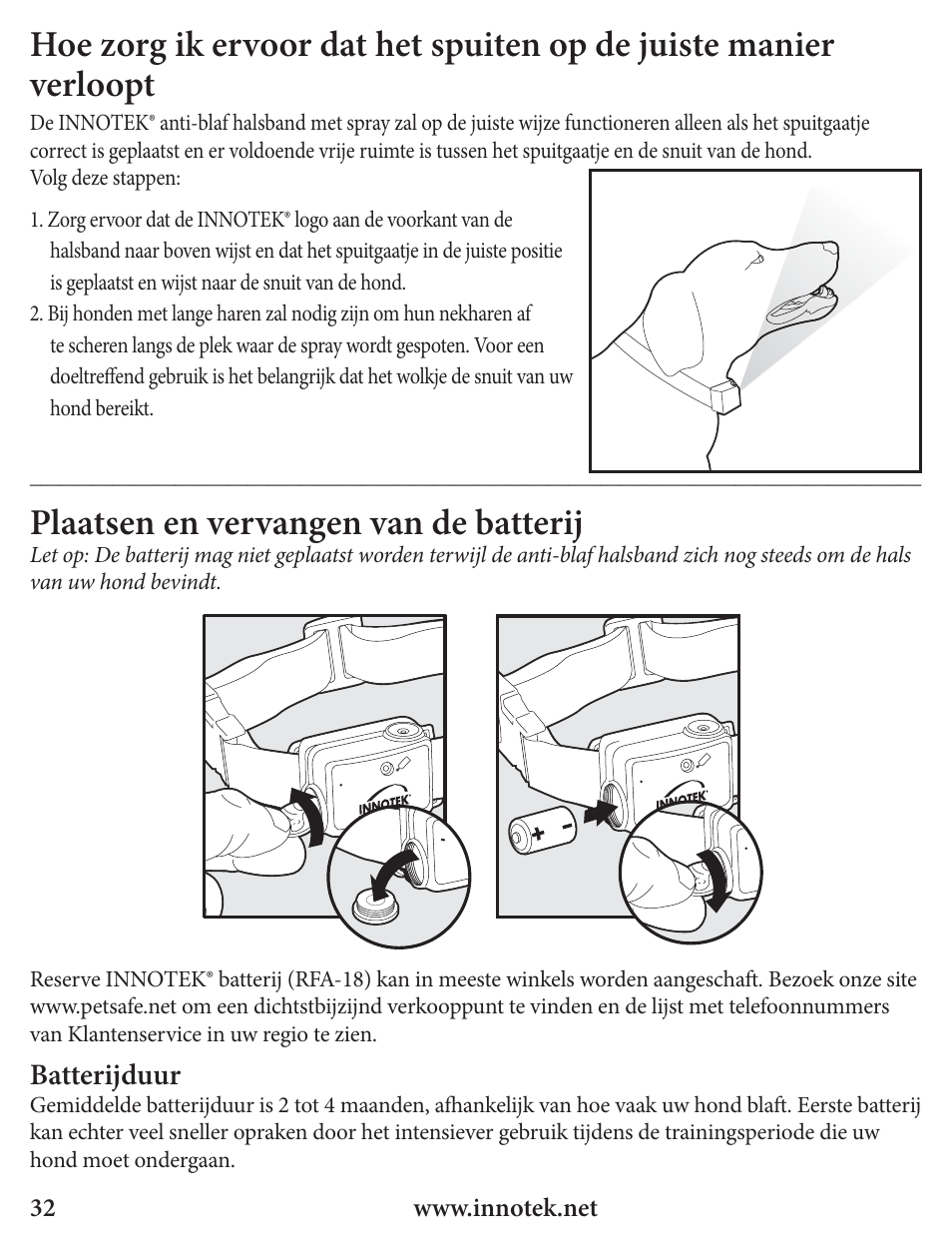 Plaatsen en vervangen van de batterij, Batterijduur | Petsafe Innotek Spray Bark Control Collar User Manual | Page 32 / 76