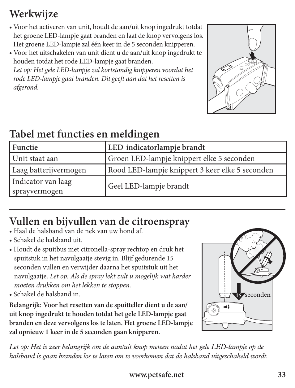 Werkwijze, Tabel met functies en meldingen, Vullen en bijvullen van de citroenspray | Petsafe Innotek Spray Bark Control Collar User Manual | Page 33 / 76