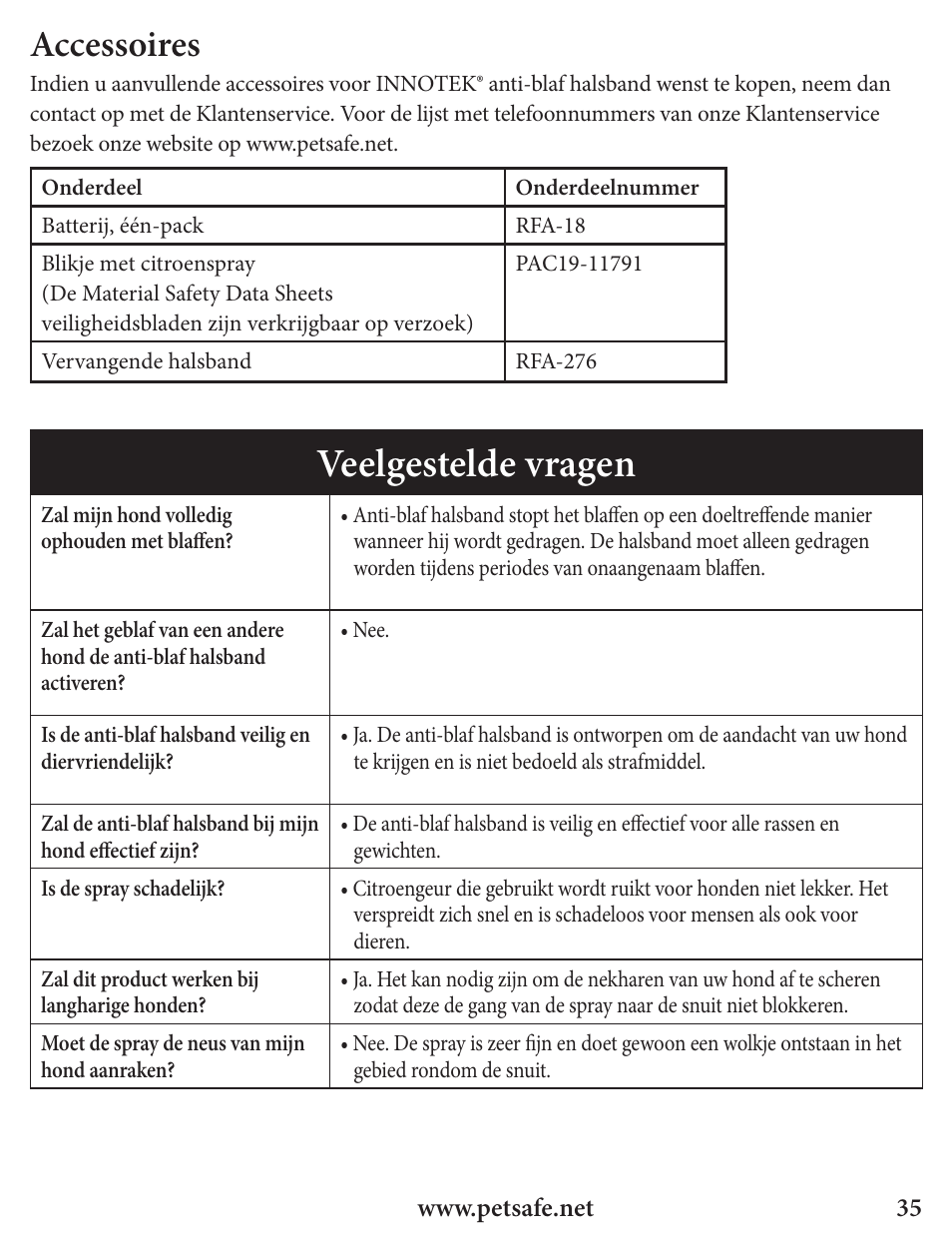 Veelgestelde vragen, Accessoires | Petsafe Innotek Spray Bark Control Collar User Manual | Page 35 / 76