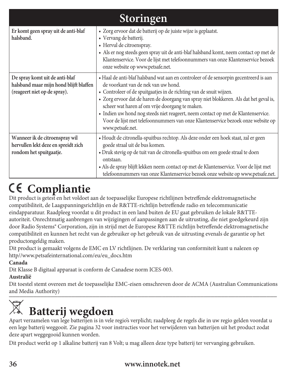 Storingen, Compliantie, Batterij wegdoen | Petsafe Innotek Spray Bark Control Collar User Manual | Page 36 / 76