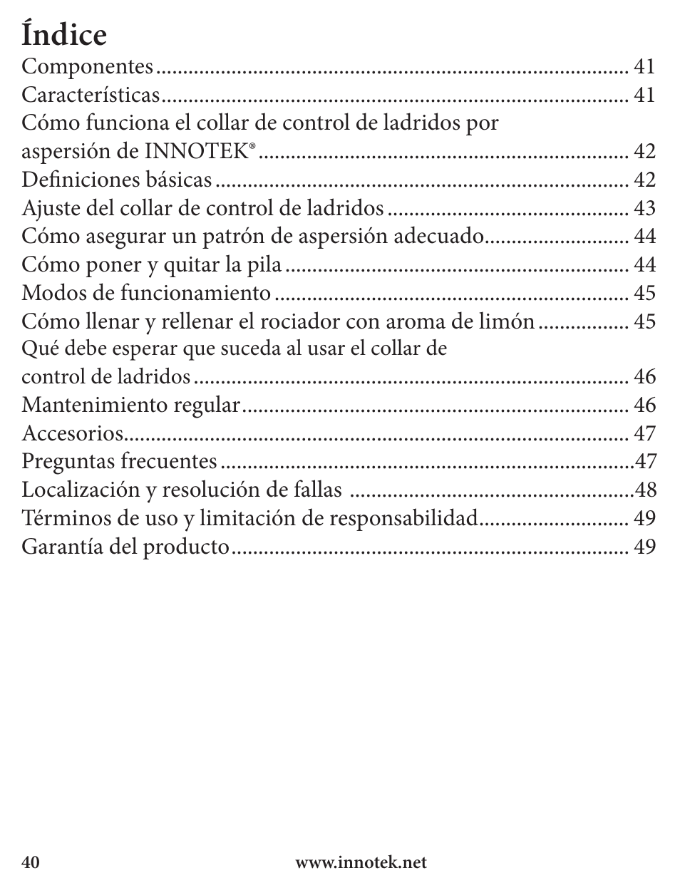 Índice | Petsafe Innotek Spray Bark Control Collar User Manual | Page 40 / 76