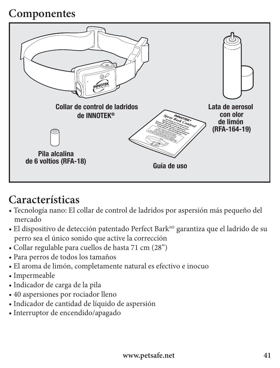 Componentes, Características | Petsafe Innotek Spray Bark Control Collar User Manual | Page 41 / 76