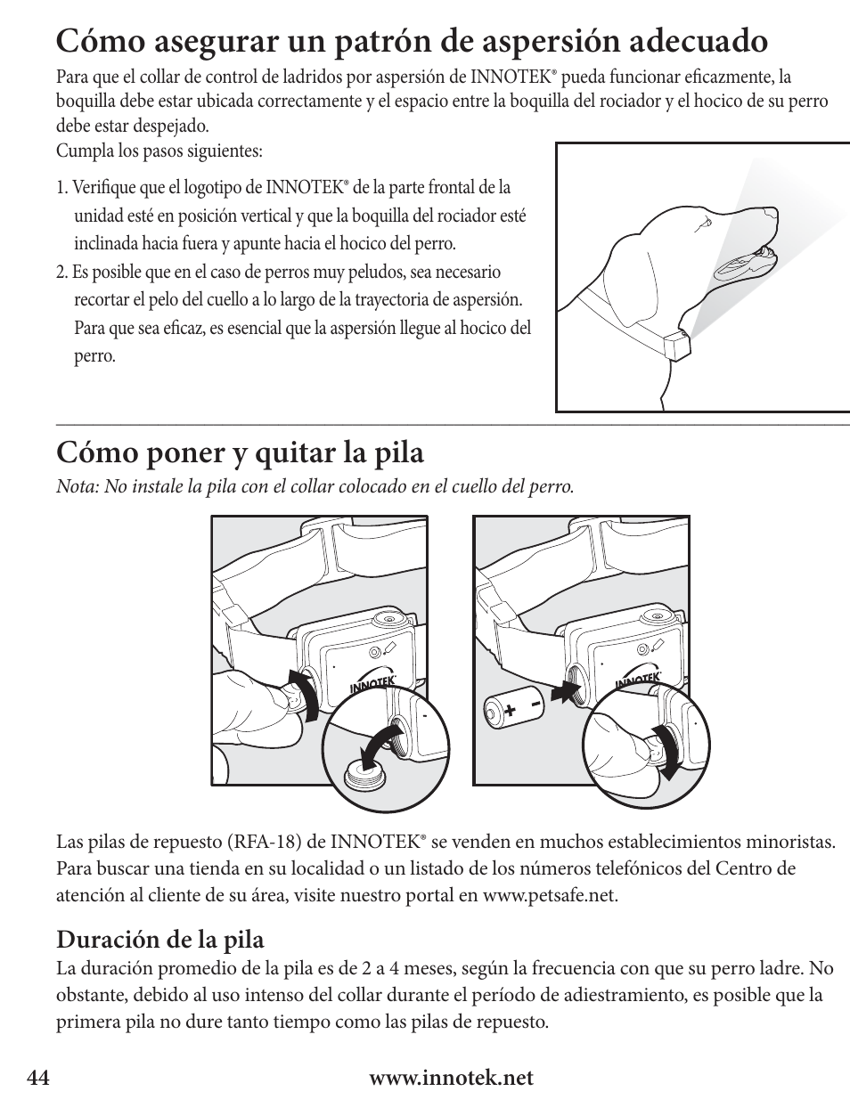 Cómo asegurar un patrón de aspersión adecuado, Cómo poner y quitar la pila | Petsafe Innotek Spray Bark Control Collar User Manual | Page 44 / 76