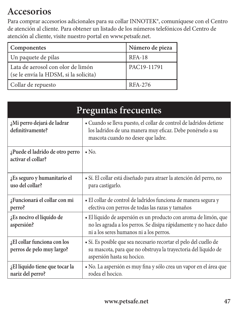 Accesorios, Preguntas frecuentes | Petsafe Innotek Spray Bark Control Collar User Manual | Page 47 / 76