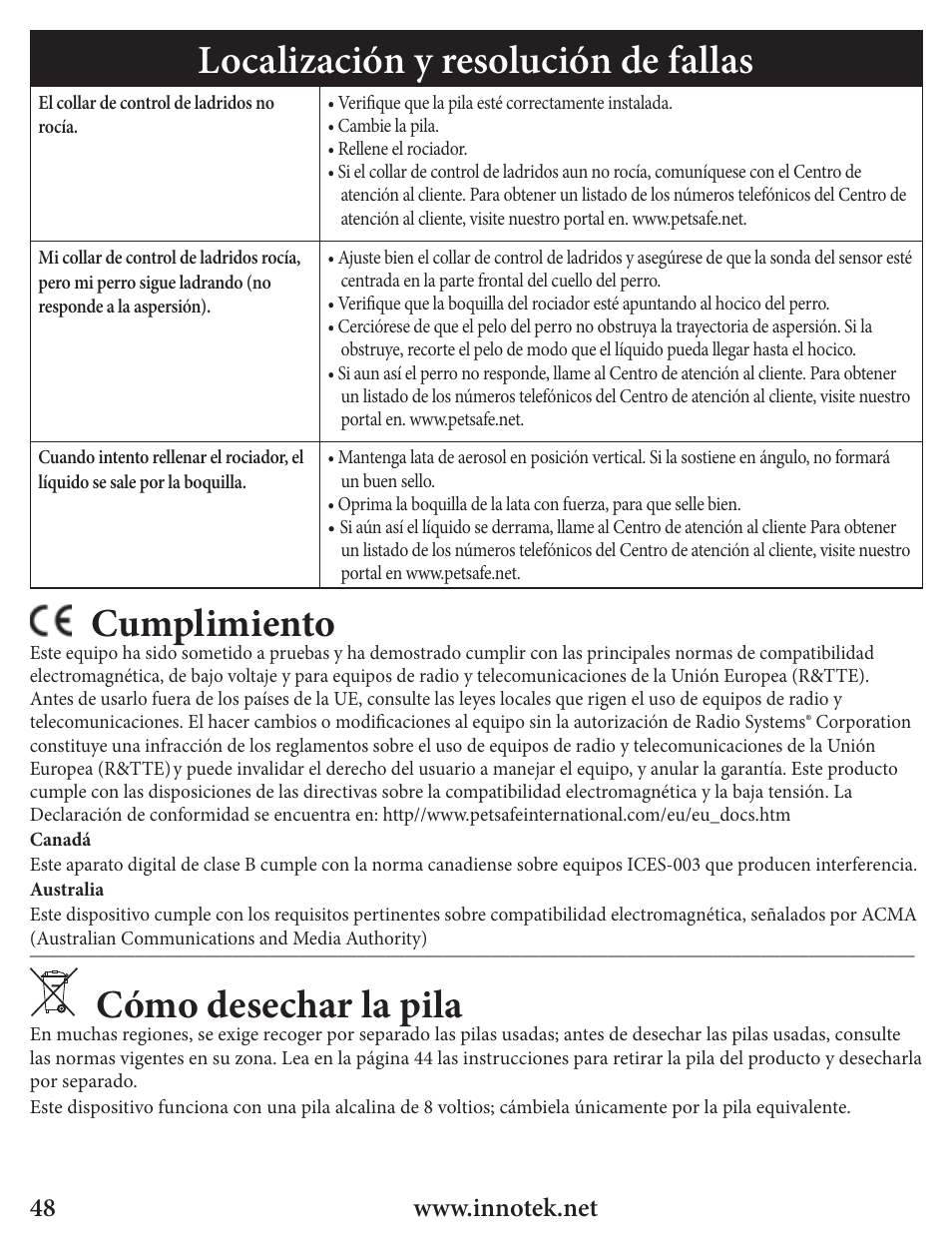 Localización y resolución de fallas, Cumplimiento, Cómo desechar la pila | Petsafe Innotek Spray Bark Control Collar User Manual | Page 48 / 76