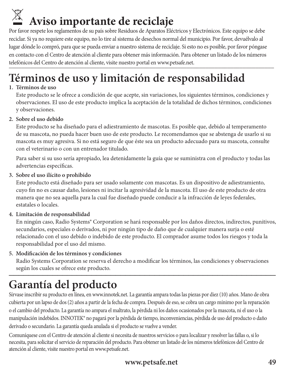 Aviso importante de reciclaje, Términos de uso y limitación de responsabilidad, Garantía del producto | Petsafe Innotek Spray Bark Control Collar User Manual | Page 49 / 76