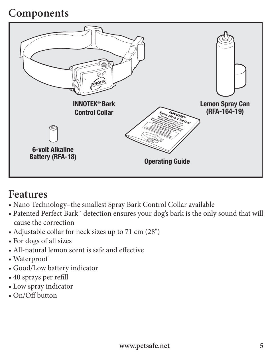 Components, Features | Petsafe Innotek Spray Bark Control Collar User Manual | Page 5 / 76