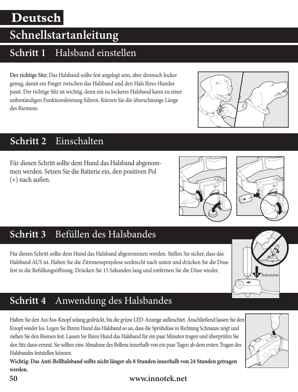 Schnellstartanleitung, Schritt 3 befüllen des halsbandes, Schritt 4 anwendung des halsbandes | Petsafe Innotek Spray Bark Control Collar User Manual | Page 50 / 76