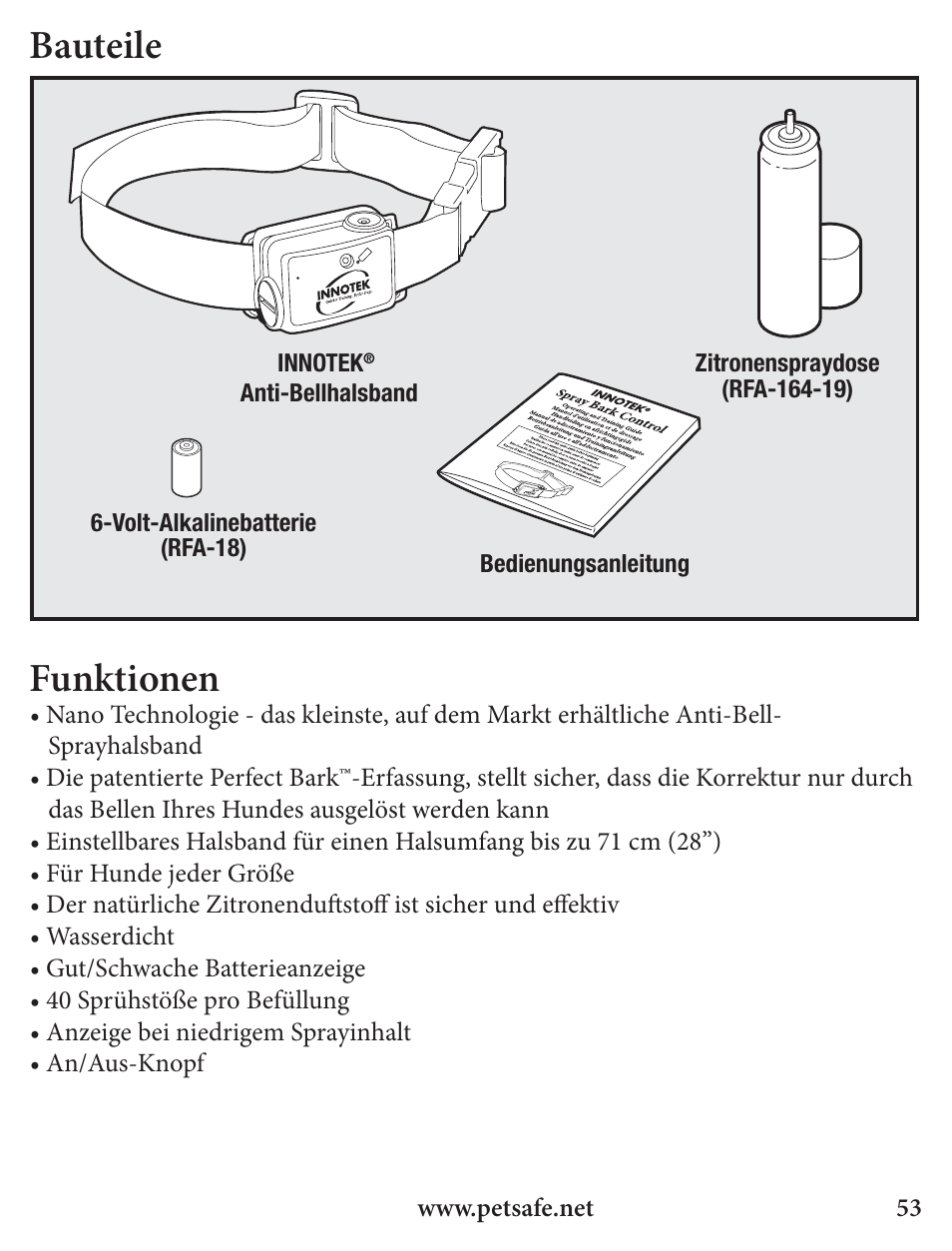 Bauteile, Funktionen | Petsafe Innotek Spray Bark Control Collar User Manual | Page 53 / 76