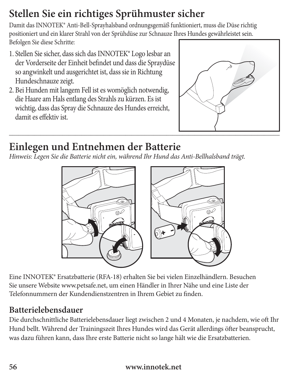 Stellen sie ein richtiges sprühmuster sicher, Einlegen und entnehmen der batterie | Petsafe Innotek Spray Bark Control Collar User Manual | Page 56 / 76