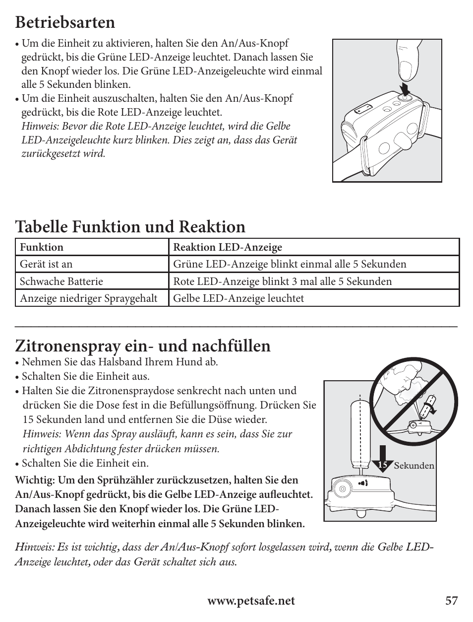 Betriebsarten, Tabelle funktion und reaktion, Zitronenspray ein- und nachfüllen | Petsafe Innotek Spray Bark Control Collar User Manual | Page 57 / 76