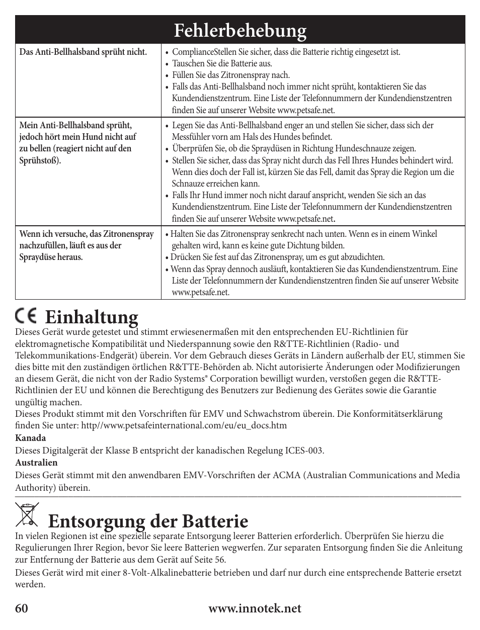 Fehlerbehebung, Einhaltung, Entsorgung der batterie | Petsafe Innotek Spray Bark Control Collar User Manual | Page 60 / 76