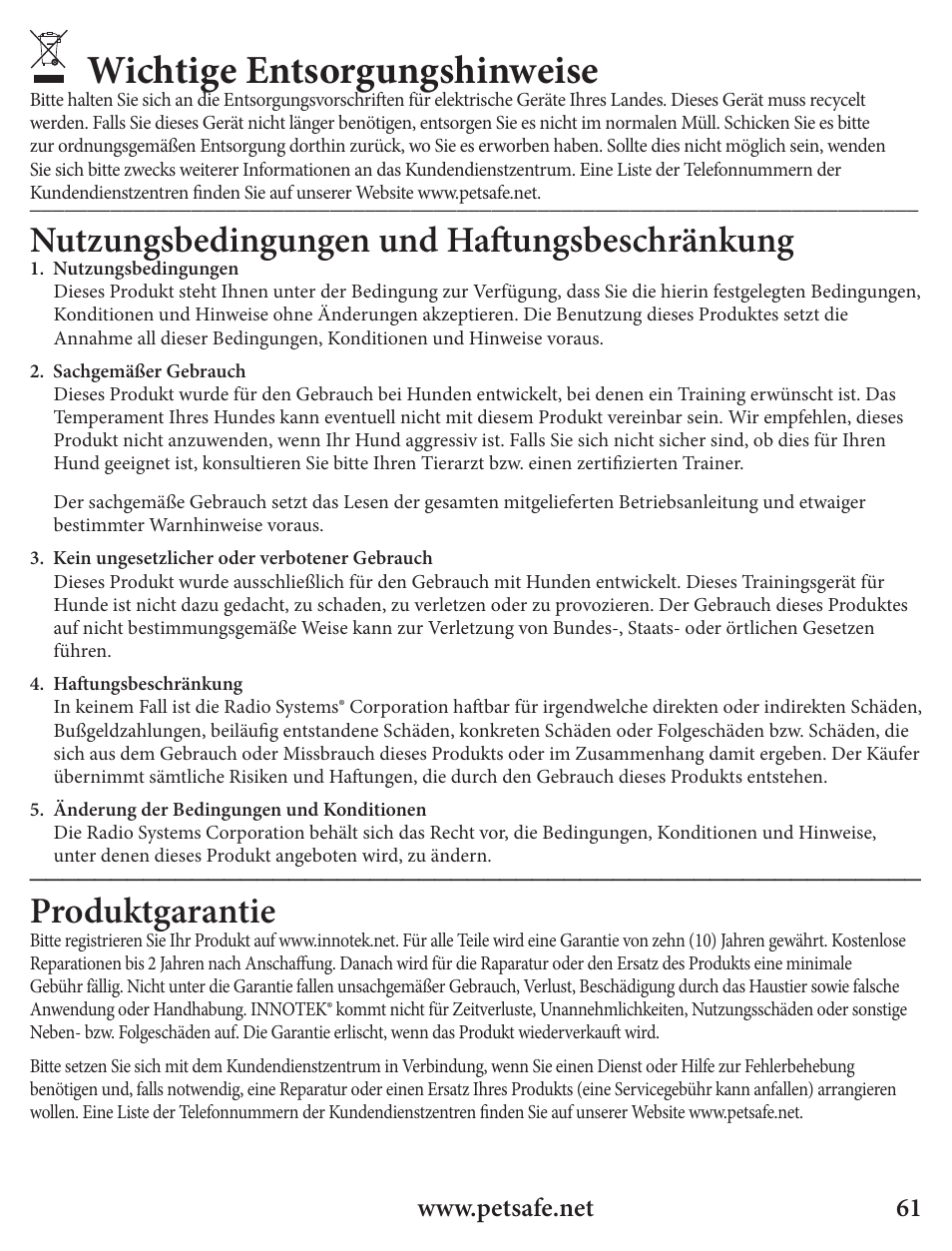 Wichtige entsorgungshinweise, Nutzungsbedingungen und haft ungsbeschränkung, Produktgarantie | Petsafe Innotek Spray Bark Control Collar User Manual | Page 61 / 76