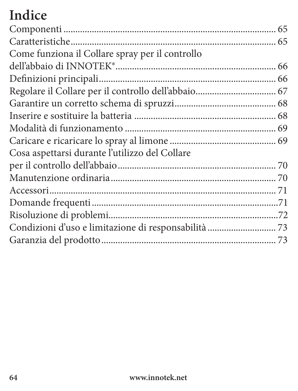 Indice | Petsafe Innotek Spray Bark Control Collar User Manual | Page 64 / 76