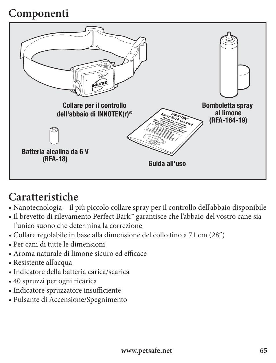 Componenti, Caratteristiche | Petsafe Innotek Spray Bark Control Collar User Manual | Page 65 / 76