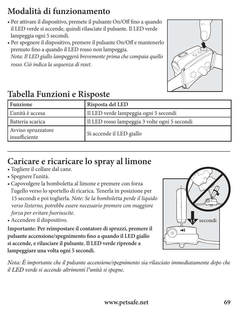 Modalità di funzionamento, Tabella funzioni e risposte, Caricare e ricaricare lo spray al limone | Petsafe Innotek Spray Bark Control Collar User Manual | Page 69 / 76