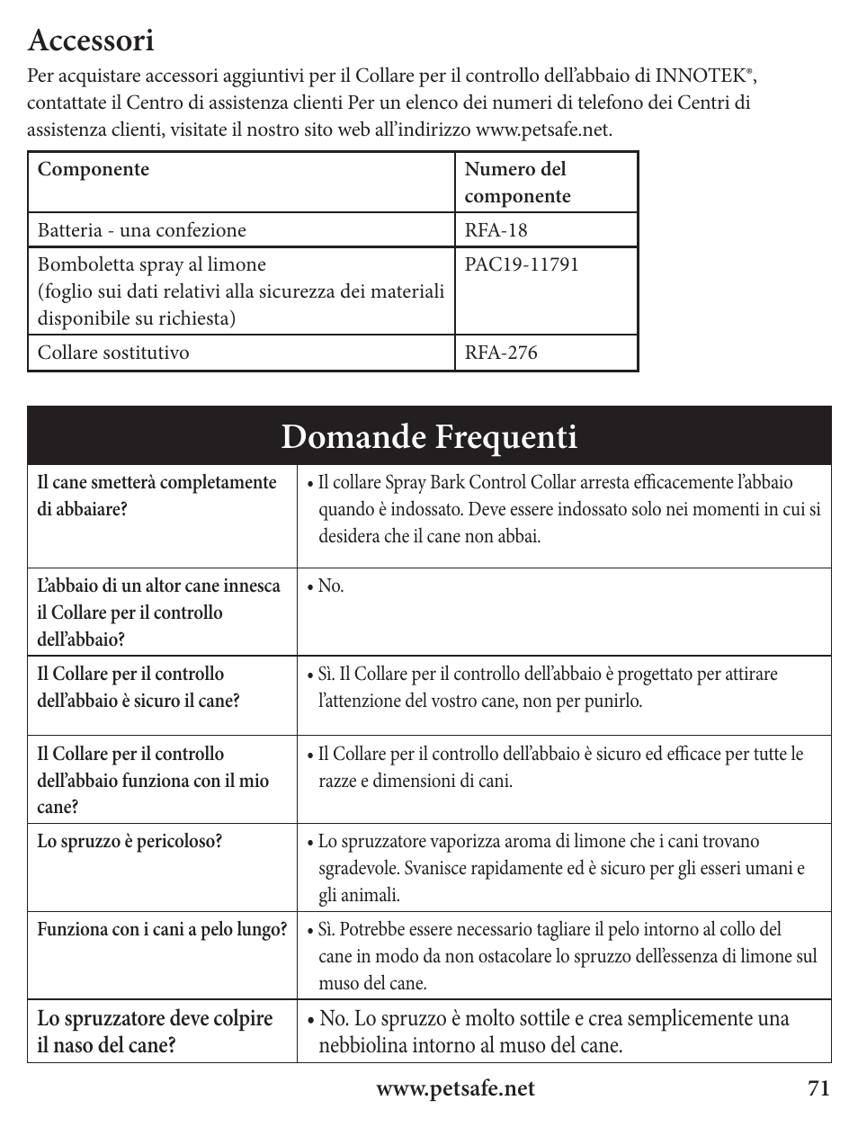 Domande frequenti, Accessori | Petsafe Innotek Spray Bark Control Collar User Manual | Page 71 / 76