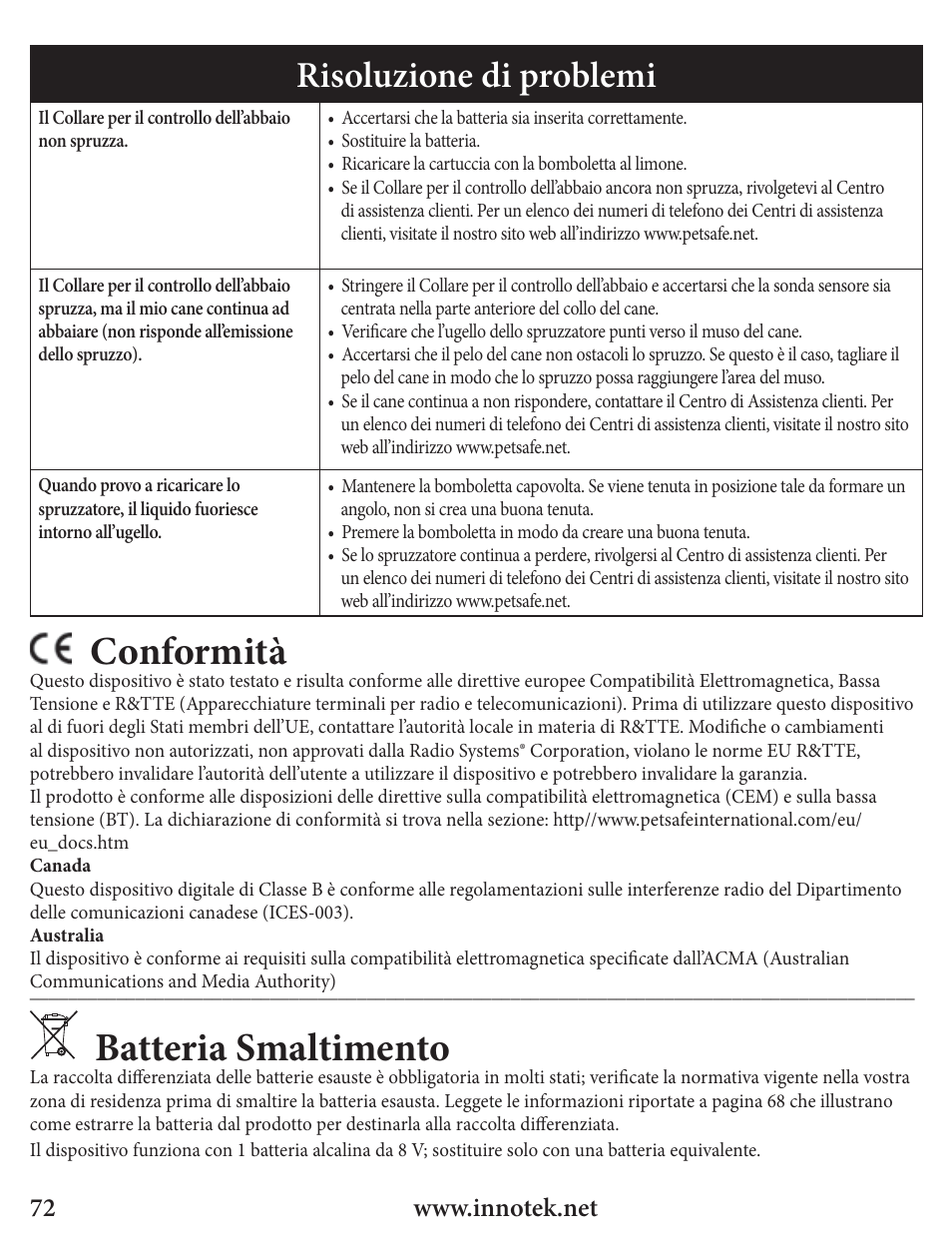 Conformità, Batteria smaltimento, Risoluzione di problemi | Petsafe Innotek Spray Bark Control Collar User Manual | Page 72 / 76