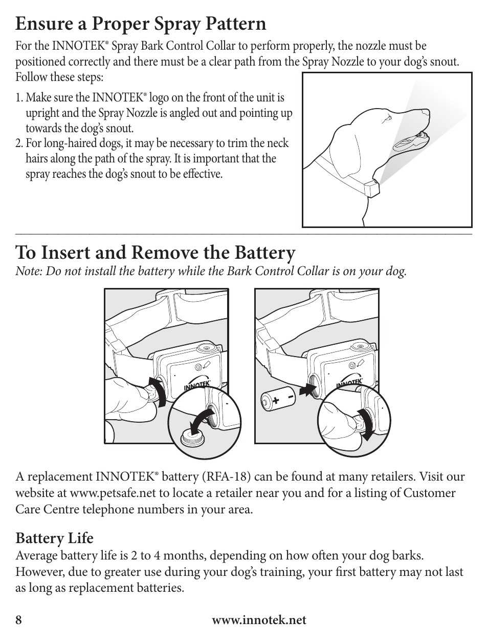 Ensure a proper spray pattern | Petsafe Innotek Spray Bark Control Collar User Manual | Page 8 / 76