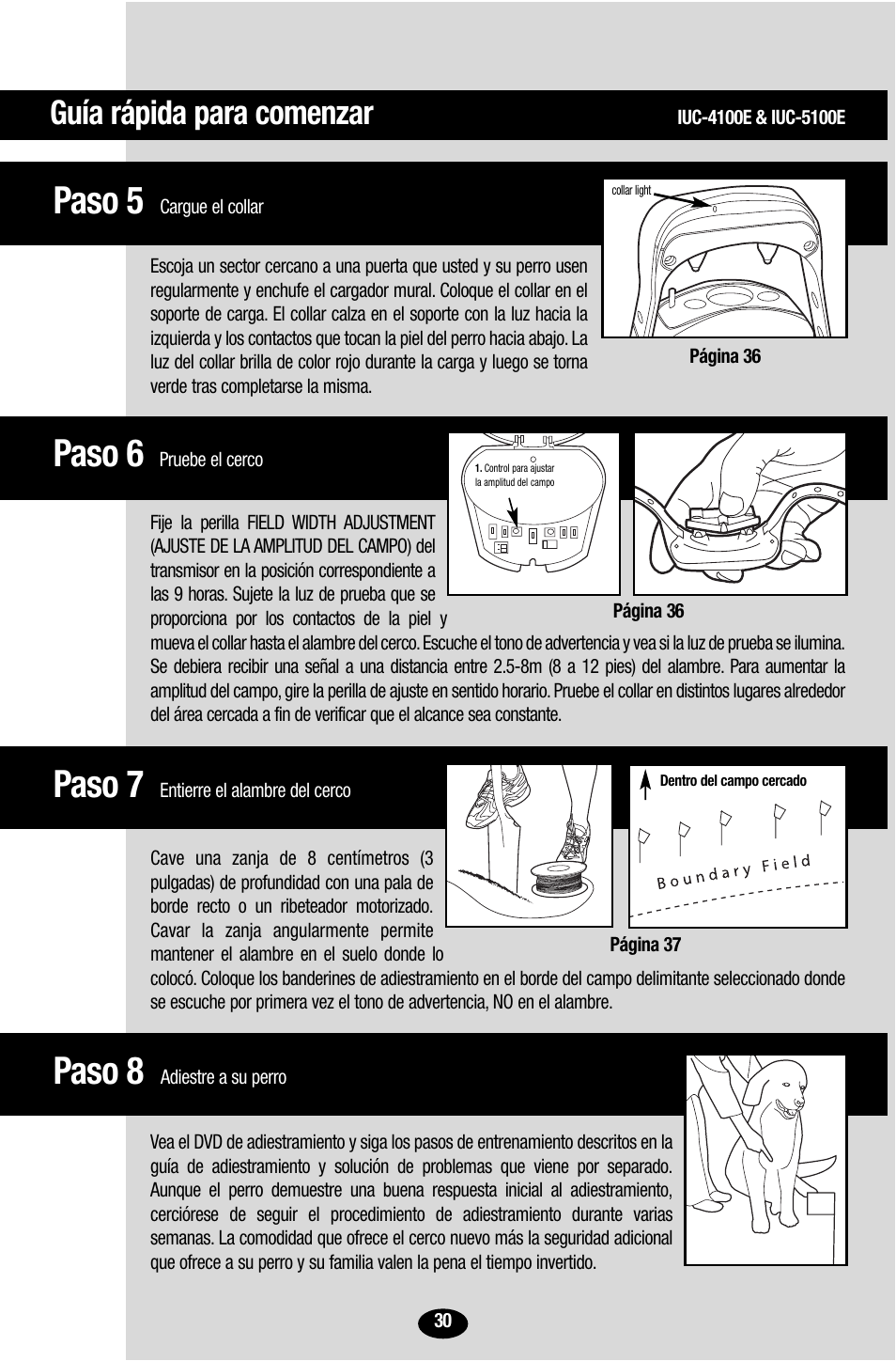 Paso 8, Paso 7, Paso 6 | Paso 5, Guía rápida para comenzar | Petsafe Innotek UltraSmart Contain ‘n’ Train In-Ground Fence User Manual | Page 32 / 100