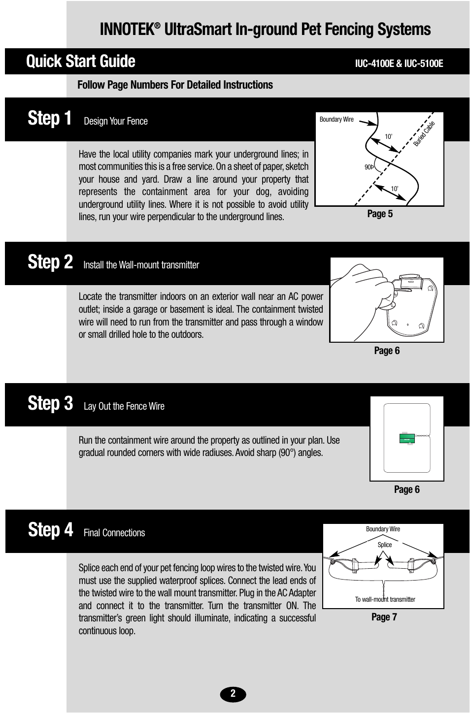 Step 3, Step 2, Step 1 | Step 4, Quick start guide, Ultrasmart in-ground pet fencing systems | Petsafe Innotek UltraSmart Contain ‘n’ Train In-Ground Fence User Manual | Page 4 / 100