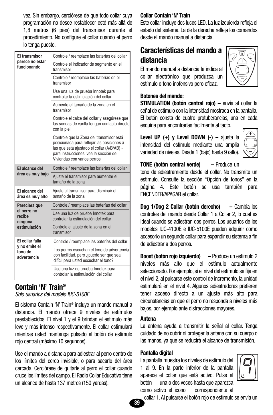 Contain ‘n’ train, Características del mando a distancia | Petsafe Innotek UltraSmart Contain ‘n’ Train In-Ground Fence User Manual | Page 41 / 100