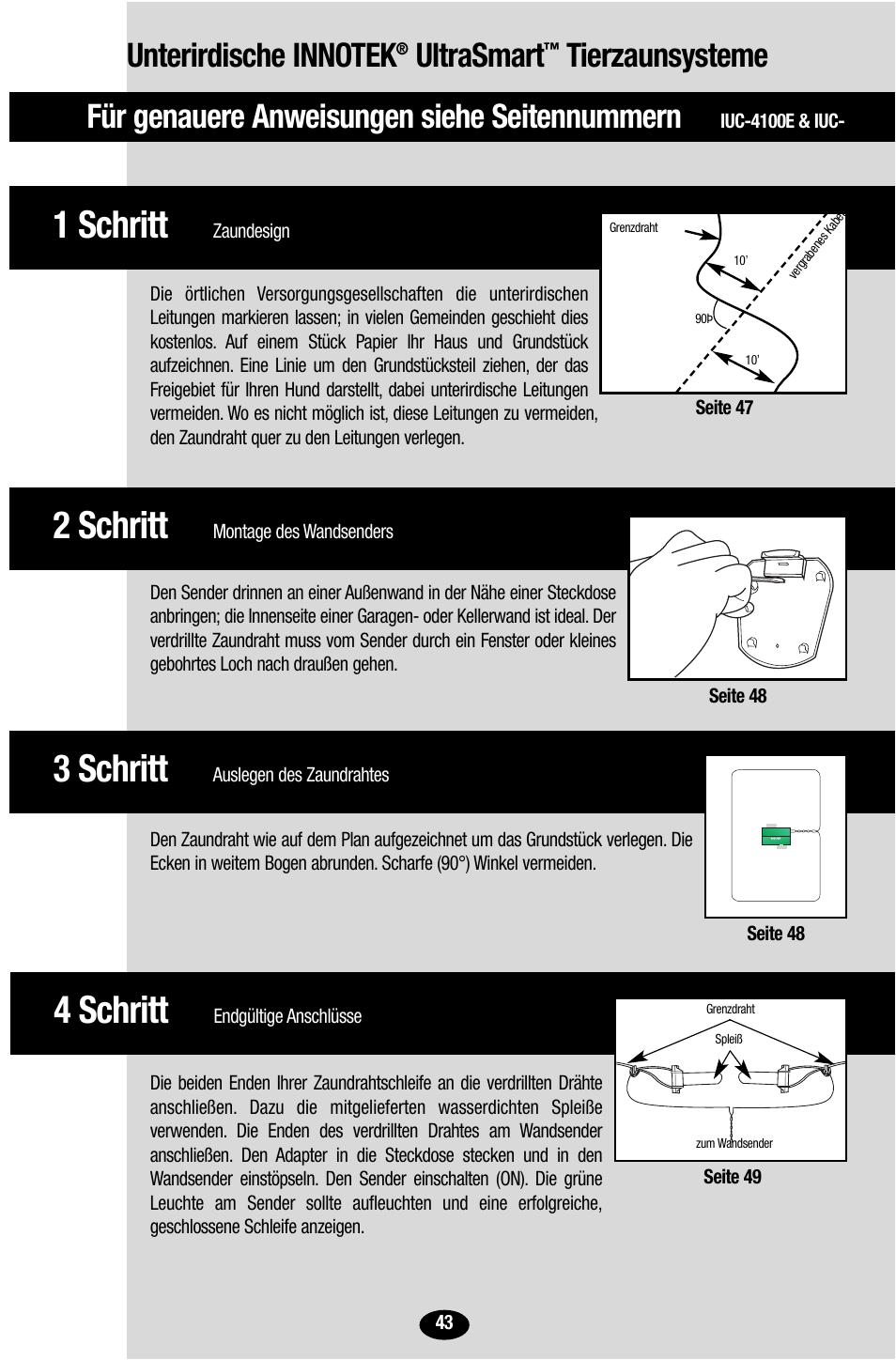 3 schritt, 2 schritt, 1 schritt | 4 schritt, Für genauere anweisungen siehe seitennummern, Ultrasmart, Tierzaunsysteme | Petsafe Innotek UltraSmart Contain ‘n’ Train In-Ground Fence User Manual | Page 45 / 100