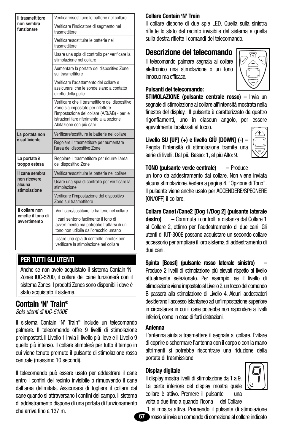 Contain ‘n’ train, Descrizione del telecomando, Per tutti gli utenti | Petsafe Innotek UltraSmart Contain ‘n’ Train In-Ground Fence User Manual | Page 69 / 100