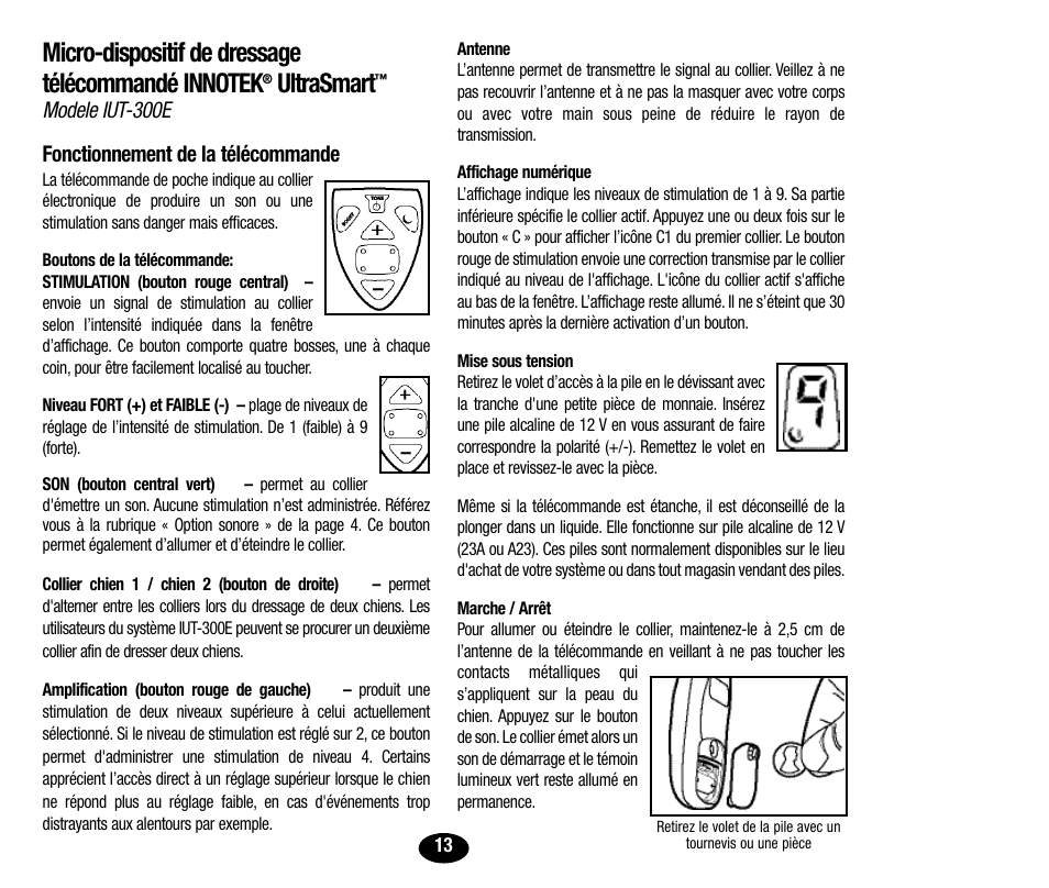 Ultrasmart, Modele iut-300e fonctionnement de la télécommande | Petsafe Innotek UltraSmart Micro Remote Trainer User Manual | Page 14 / 71