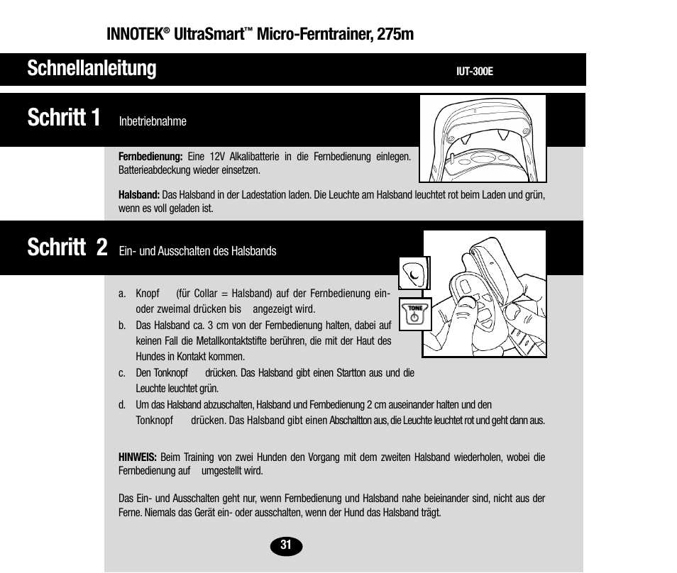 Schritt 2, Schritt 1, Schnellanleitung | Ultrasmart, Micro-ferntrainer, 275m | Petsafe Innotek UltraSmart Micro Remote Trainer User Manual | Page 32 / 71