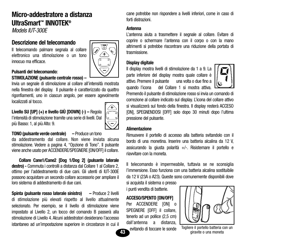 Micro-addestratore a distanza ultrasmart, Models iut-300e descrizione del telecomando | Petsafe Innotek UltraSmart Micro Remote Trainer User Manual | Page 44 / 71