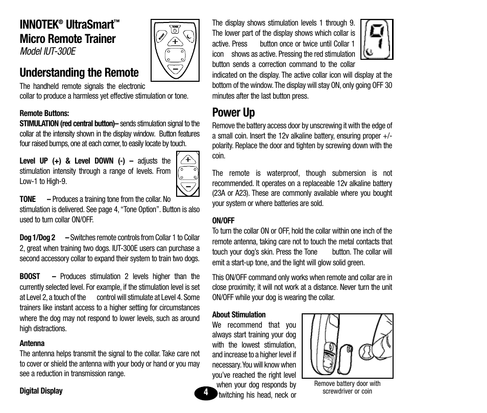 Ultrasmart, Micro remote trainer, Understanding the remote | Power up | Petsafe Innotek UltraSmart Micro Remote Trainer User Manual | Page 5 / 71