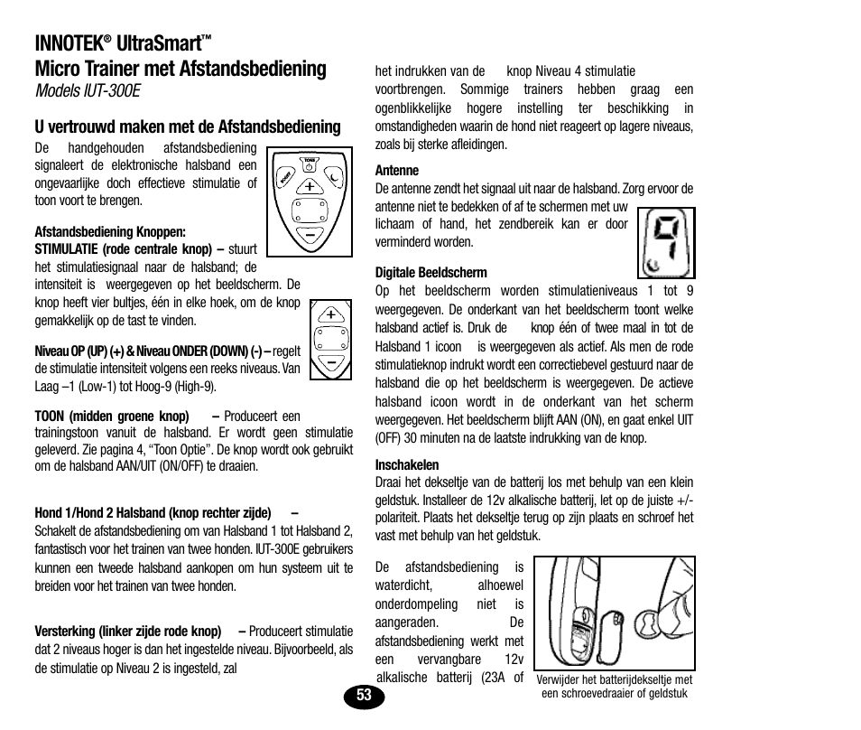 Ultrasmart, Micro trainer met afstandsbediening | Petsafe Innotek UltraSmart Micro Remote Trainer User Manual | Page 54 / 71