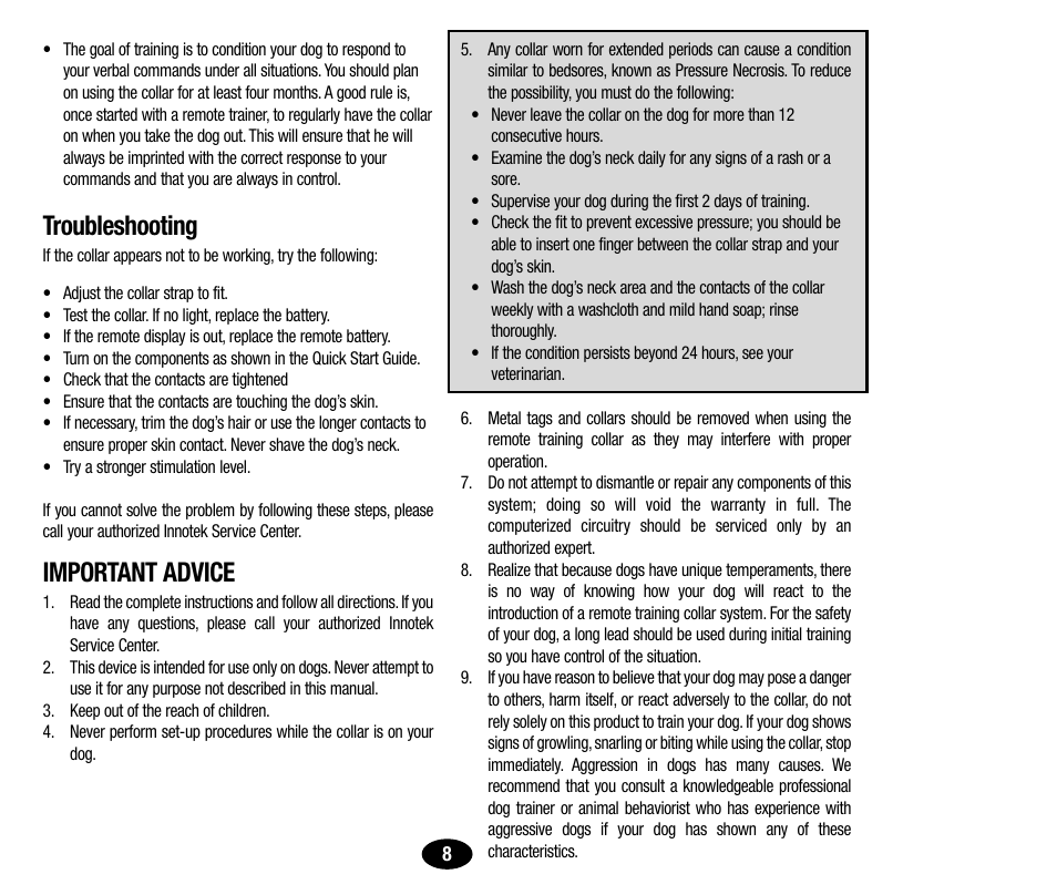 Troubleshooting, Important advice | Petsafe Innotek UltraSmart Micro Remote Trainer User Manual | Page 9 / 71